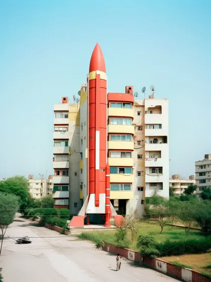 A residential building in 'Rocketganj' has a giant rocket built into its facade. This shows how the obsession with space travel has become part of the very architecture of the city.