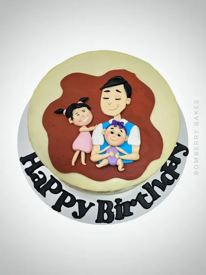 A cake for "Papa," featuring a 2D fondant illustration of a father with his two daughters.