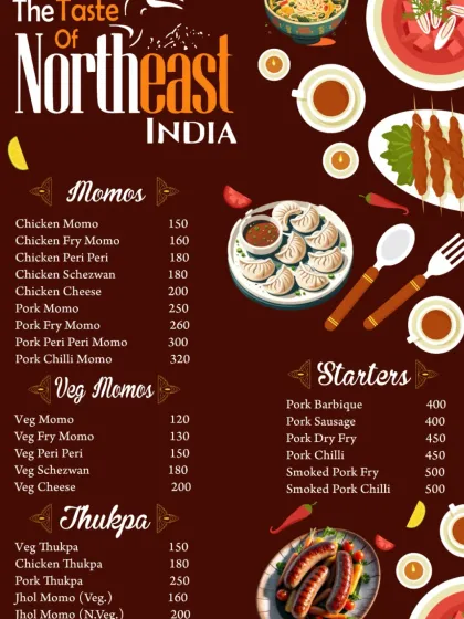 A beautifully designed menu page showing our Momos, Thukpa, and Starters like Pork Barbeque and Smoked Pork Fry.