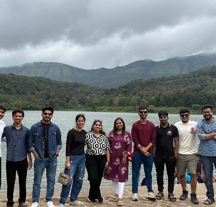 A moment of calm with the group at Hirekolale Lake in Chikmagalur. These weekend getaways are a mix of adventure and relaxation.