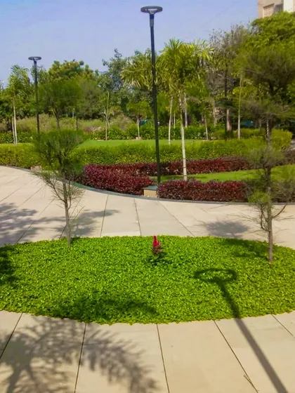 A clean, modern public space with wide paved walkways and circular green islands. The design is simple, elegant, and low-maintenance, perfect for high-traffic areas in corporate campuses or city parks.