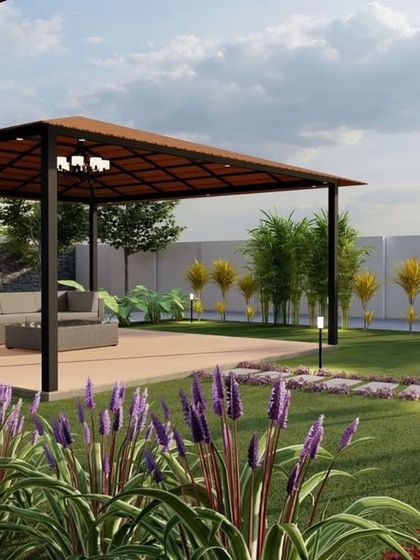 Our designs integrate hardscaping and softscaping seamlessly. This 3D visualization for a farmhouse garden features a gazebo, a stepping stone path, and layered ornamental plants, all planned for beauty and low maintenance.