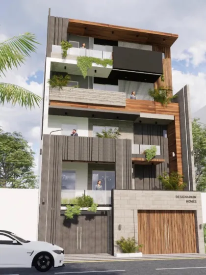 A residential facade concept where layers and voids are juxtaposed to create a balanced and intriguing face. The design uses a combination of textured grey panels, wood accents, and stone cladding for a sophisticated, modern look.