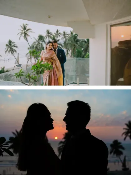 A diptych featuring a romantic silhouette of the couple against a sunset and another shot of them on a balcony overlooking the beach.