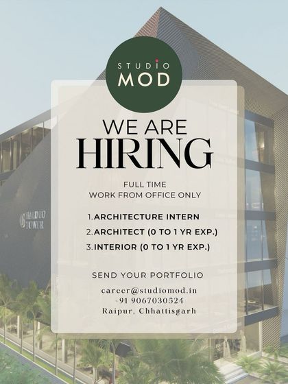 Studio MOD in Raipur is looking for an architect with 0-1 year of experience for a full-time, office-only role.