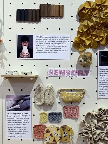 This material board for the 'Hope You're Well' trend explores empathy and wellbeing through sensory objects. Soft textures, knitted forms, and organic shapes come together to communicate a feeling of comfort and emotional healing.