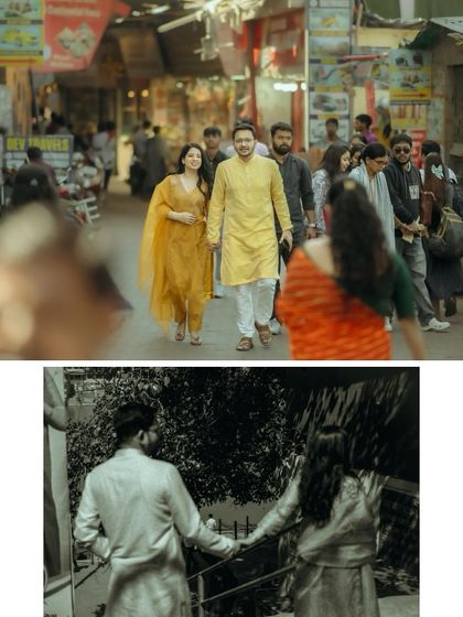 Candid shots of a couple walking through a bustling market street, capturing their connection amidst the motion and life of the city.