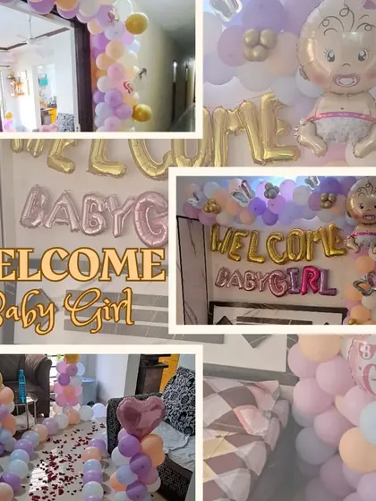 A collage showcasing a full room decoration for a 'Welcome Baby Girl' theme. We used pastel balloons, rose petals, and foil letters to fill the space with joy.