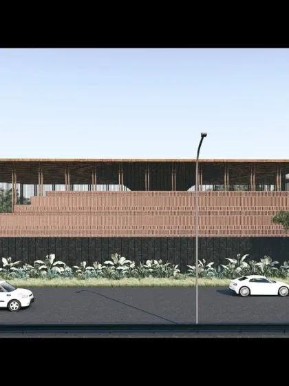 The street view of the Nagpur Museum concept, showing the stepped form that recalls traditional Indian ghats, making the building an accessible and social piece of the urban landscape.