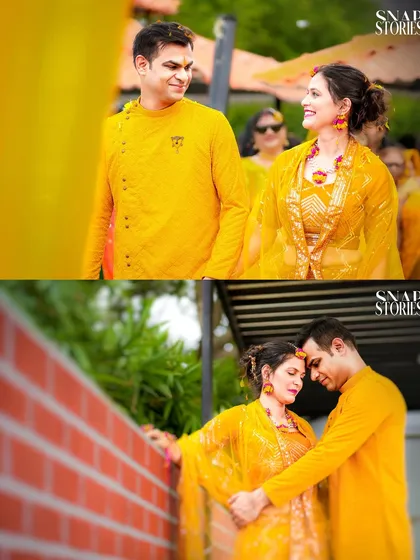 A collage of a couple during their Haldi ceremony, sharing loving glances. We document the shared moments between the couple during all pre-wedding functions.