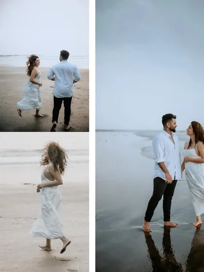 A collage of moody, romantic moments on a cloudy day at the beach. The couple's white outfits stand out against the grey sky, creating a soft and dreamy aesthetic.