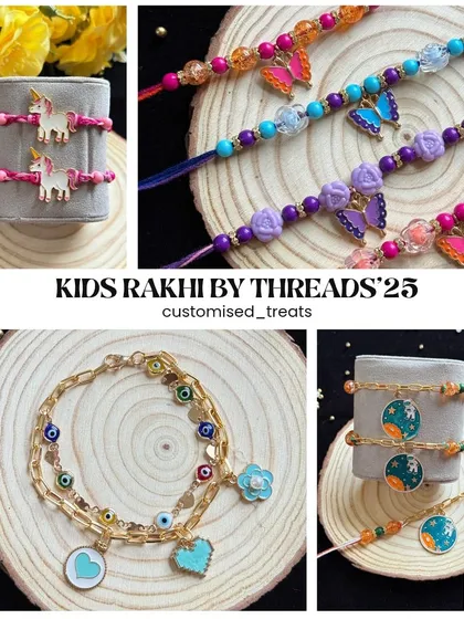 A collage of my "Kids Rakhi by Threads '25" collection. It showcases the magical variety, from unicorns and butterflies to astronaut and evil eye bracelet styles.