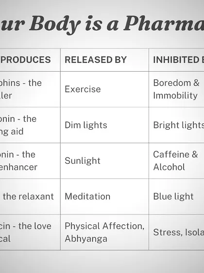 Our bodies have an incredible, innate wisdom. This chart is a simple reminder of how things like exercise, meditation, and even sunlight can help us produce our own "feel-good" chemicals. It all starts with creating a more balanced lifestyle.