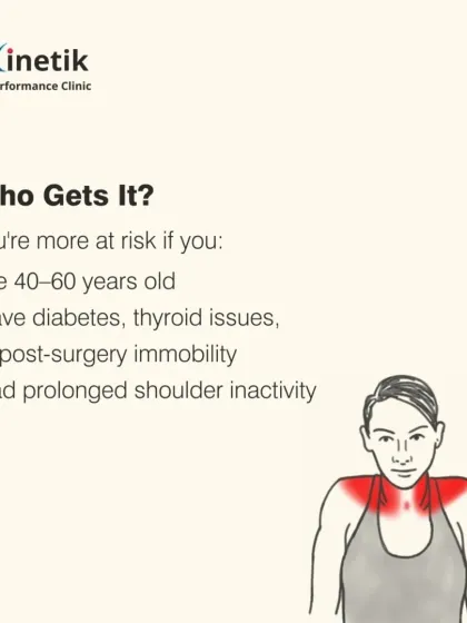 Who is at risk for frozen shoulder? You are more at risk if you are between 40-60 years old, have conditions like diabetes or thyroid issues, or have had a period of prolonged shoulder inactivity after an injury or surgery.