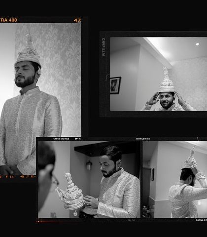 A collage of a Bengali groom getting ready, putting on his traditional 'topor'. These black and white shots capture the quiet, personal moments before the ceremony.