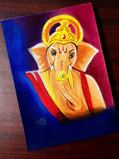 The original Lord Ganesha acrylic painting on a canvas board. This view shows the texture and brushstrokes of the artwork before it was framed.