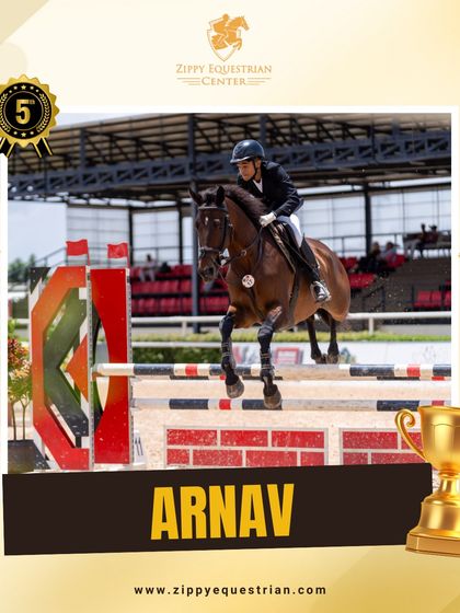 An action shot celebrating Arnav's fifth-place finish at the Surge Equestrian League. Every competition is a valuable learning experience.