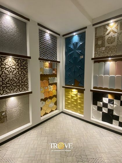 A full view of one of our designer tile corners. It showcases a diverse range of styles, from geometric and floral patterns to bold 3D textures, all curated to inspire creativity.