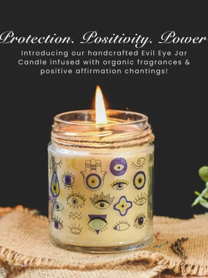 Here is our handcrafted Evil Eye Jar Candle, designed to be a guardian of good vibes for your space. Made with organic beeswax and infused with protective affirmations, it’s the perfect blend of elegance, tranquility, and positive energy.