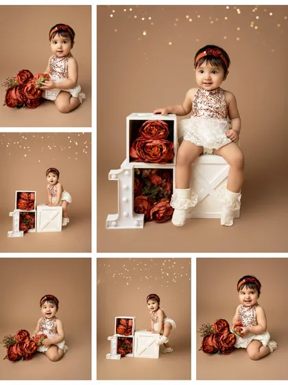A collage showcasing the variety of a first birthday session. From sitting pretty to exploring the props, we capture all the adorable moments of this special milestone.