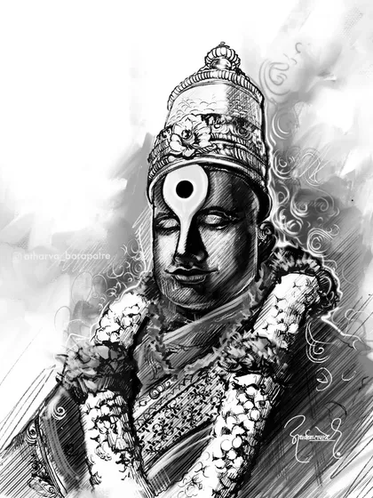 A black and white digital sketch of Lord Vitthal. This version highlights the detailed line work and shading on his crown, garland, and serene face.