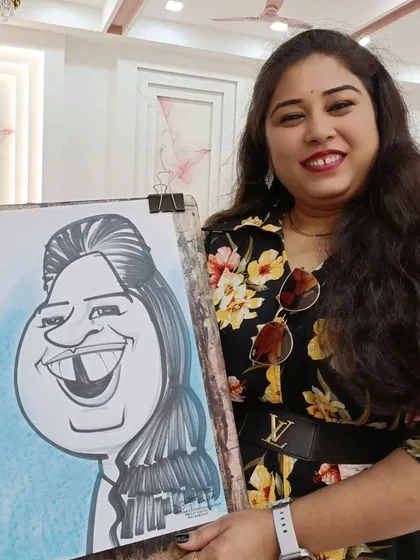 A happy guest from the teachers' get-together. Her caricature captures her vibrant personality.