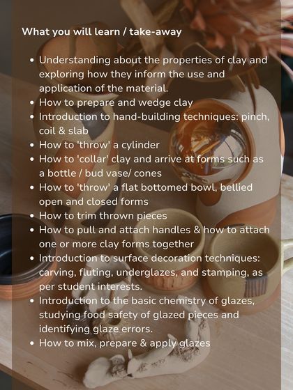A detailed list of what you will learn in our 7 week course, from understanding clay properties and wedging to throwing, trimming, and glazing your own pieces.