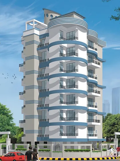 The architectural design for "Shree Vishal Apartments" in Koperkhairne. This completed project for 28 apartments features a dynamic facade with curved balconies and a rounded corner tower, showcasing a more fluid approach to residential design.