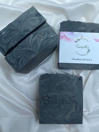 The "Shades of Grey" soap, a sophisticated bar with a complex fragrance of lemon, lavender, sandalwood, and musk.