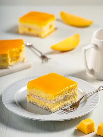 A slice of mango pastry with a shiny glaze, shot with soft, natural light to create a light and airy feel for a cafe menu.