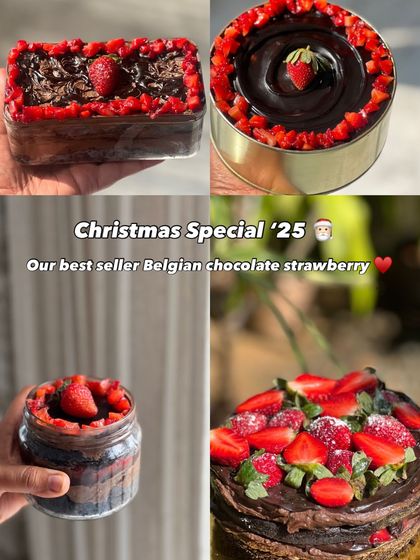 A collage of our Christmas special Belgian chocolate strawberry desserts, available in different forms like a tin cake, jar cake, and tub.