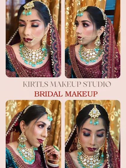 A bridal makeup collage featuring a bride with stunning turquoise jewelry. The makeup is designed to complement the unique color of her accessories, with a focus on the eyes.