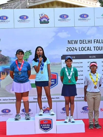 Naina Kapoor stands on the winner's podium after her impressive 5-under round at the US Kids Tournament, the best score across all categories.