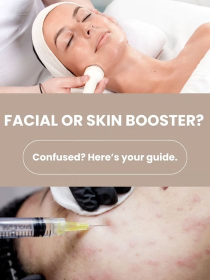 This image illustrates the difference between a relaxing facial and a clinical skin booster treatment. While one works on the surface, a skin booster like SkinVive is an injectable treatment that hydrates from within. We can decide which is right for you during your consultation.