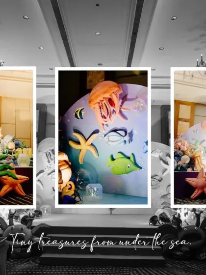 A collage showcasing the 'tiny treasures from under the sea'. We create detailed 3D props of crabs, starfish, and jellyfish to make the ocean world feel real.