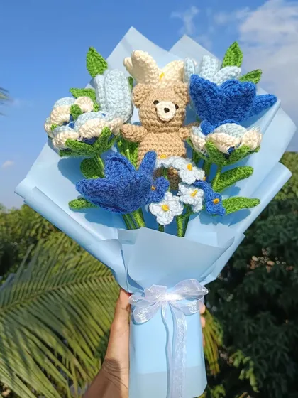 The full view of the custom blue teddy bear bouquet, a unique and heartfelt creation.
