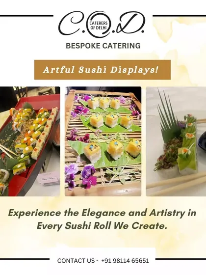 We believe in the art of food, and our sushi displays are a testament to that. This collage shows the variety and creativity of our sushi offerings, from classic rolls to modern interpretations, all beautifully presented.