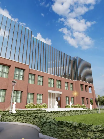 A render of our Greater Noida college campus project. Here, we fused an existing brick facade with a new glass structure, creating an inspiring and light-filled environment for learning, surrounded by landscaped green spaces.