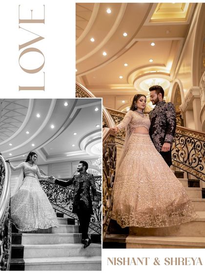 A beautiful collage showcasing the couple on a grand staircase. The mix of black and white and color highlights the architectural beauty of the venue and the couple's regal presence.