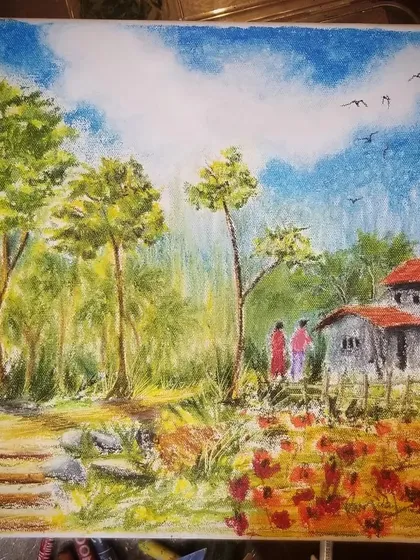 A beautiful landscape painting on canvas created with oil pastels. This shows how you can achieve a soft, painterly effect by blending the pastels to create fields, trees, and a cloudy sky.