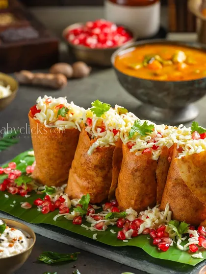 Another perspective of the Jini Dosa, showing the generous cheese topping and fresh garnishes.
