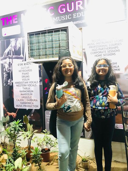 Sisters Taashvi (Guitars) and Taavishi (Western Vocals) outside our Chembur center. Our Gurukul is a musical oasis where students can express themselves and grow.