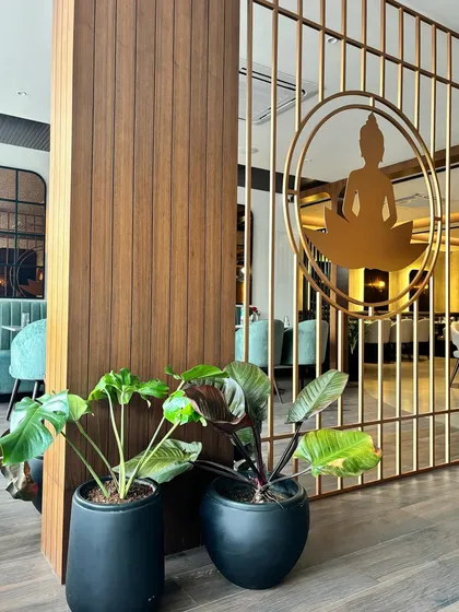 Two plants in matching black pots stand beside a decorative screen featuring a Buddha motif. The greenery complements the serene theme of the decor, adding to the restaurant's peaceful ambiance.