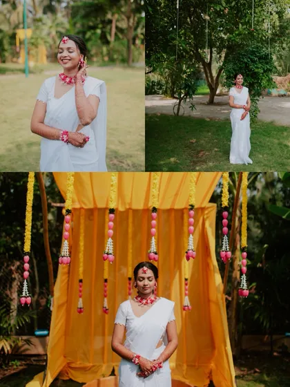 A collage of bridal portraits from a Haldi ceremony, showing the bride in her elegant white saree and floral jewelry.