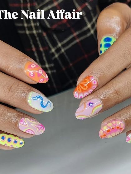 A very detailed and colorful abstract pattern. Each nail is a mini canvas, showcasing intricate linework and a vibrant palette in a groovy, 70s-inspired style.