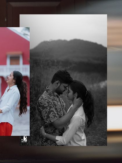 A creative collage blending a romantic black and white portrait with a colorful shot of the couple's joyful interaction.
