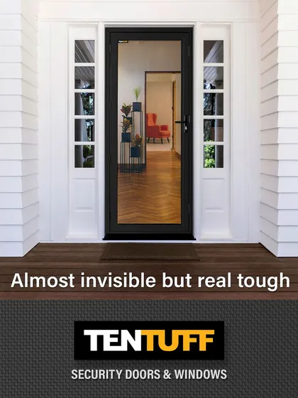 "Almost invisible but real tough." This image perfectly captures our core philosophy. The door blends into the entrance, offering an unobstructed view, yet its POLYTENSILE® steel mesh provides a powerful, unseen shield for your home.