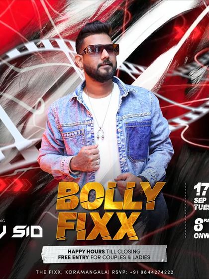A poster for a high-energy 'Bolly Fixx' night, where I mix commercial hits with Bollywood anthems.