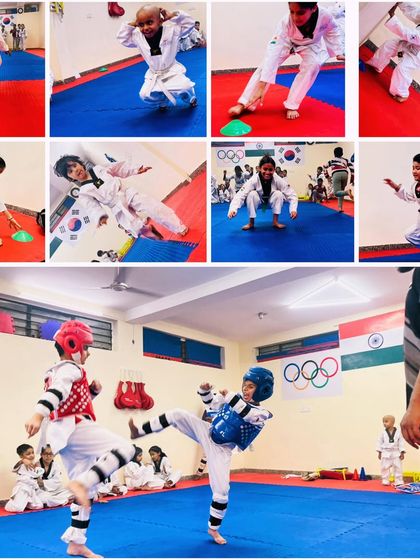 This collage captures the essence of our training: agility drills, stances, and the intensity of a real sparring match.