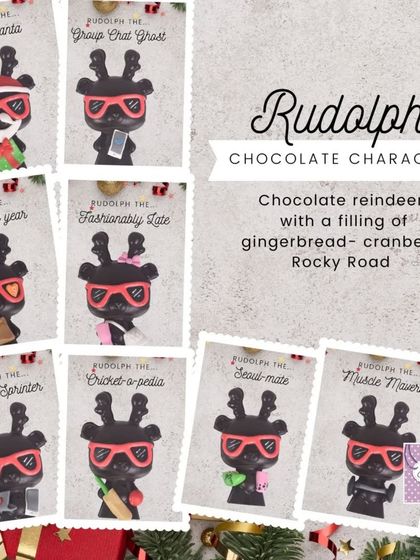 Our Rudolph chocolate characters are filled with a delicious gingerbread-cranberry rocky road. Each one has a different personality, like 'Foodie of the year' or 'Cricket-o-pedia', making them fun awards for family and friends.